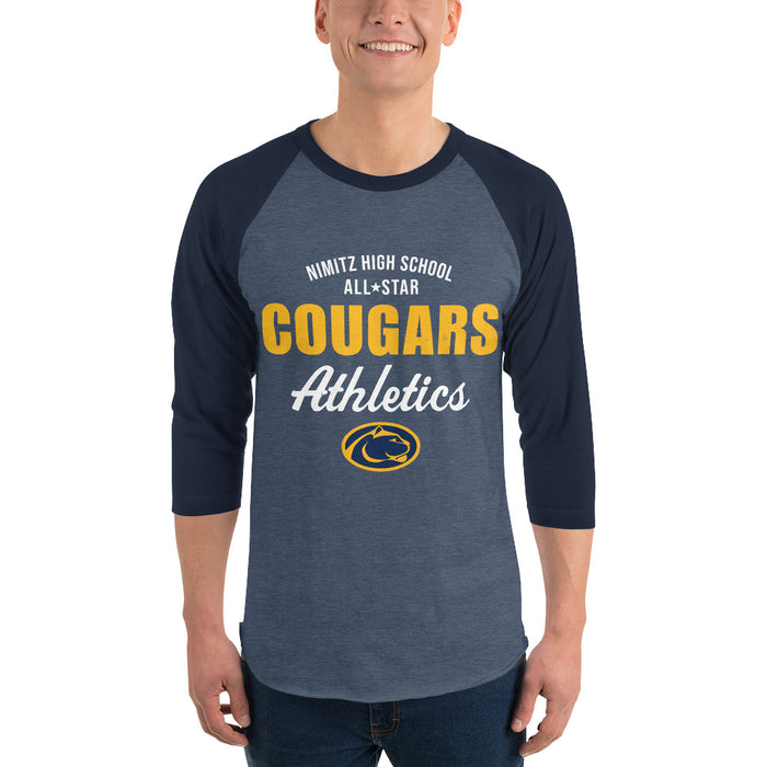 Man wearing Nimitz High School Cougars Unisex 3/4 Sleeve Raglan T-shirt 034