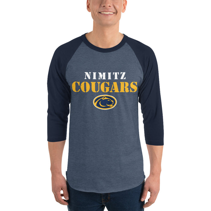 Man wearing Nimitz High School Cougars Unisex 3/4 Sleeve Raglan T-shirt 017