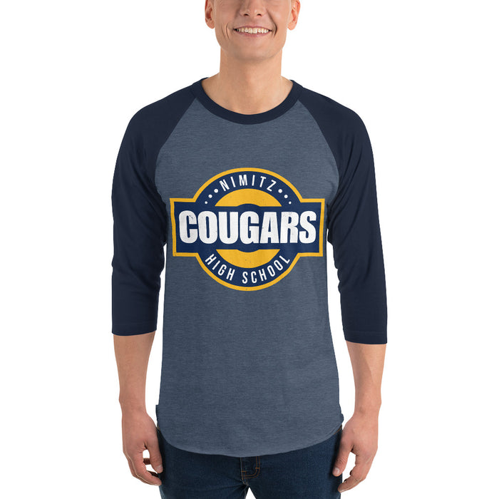 Man wearing Nimitz High School Cougars Unisex 3/4 Sleeve Raglan T-shirt 011