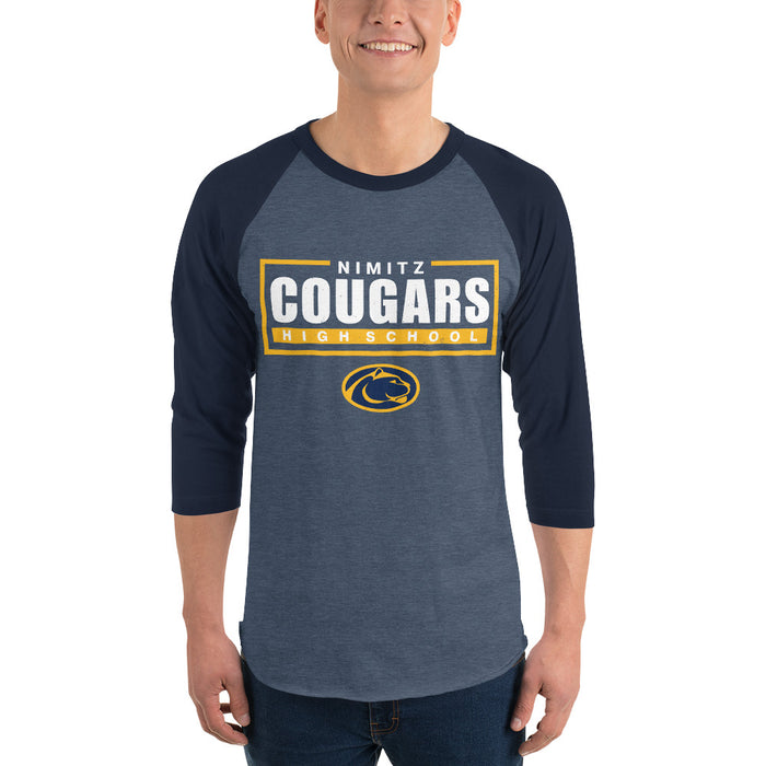 Man wearing Nimitz High School Cougars Unisex 3/4 Sleeve Raglan T-shirt 049