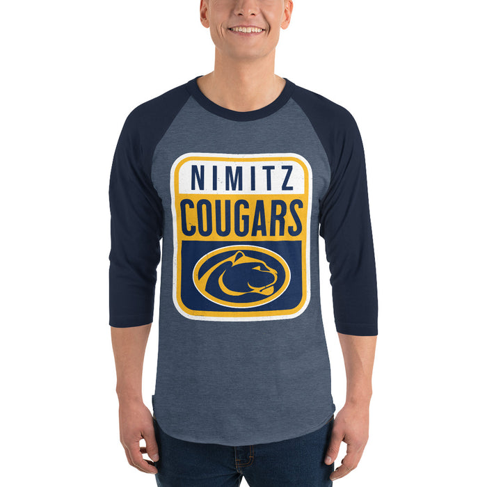 Man wearing Nimitz High School Cougars Unisex 3/4 Sleeve Raglan T-shirt 001