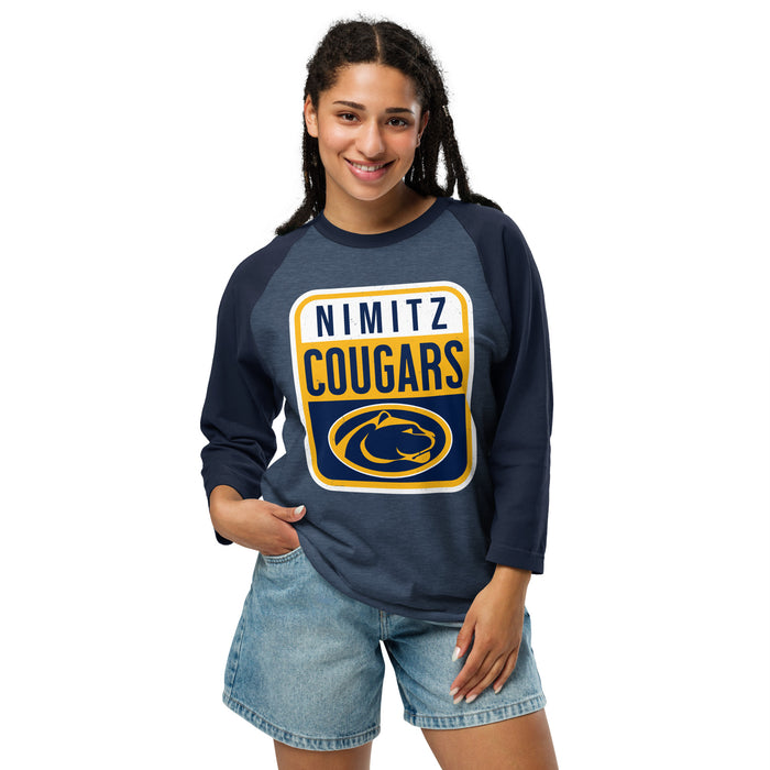 Woman wearing Nimitz High School Cougars Unisex 3/4 Sleeve Raglan T-shirt 001