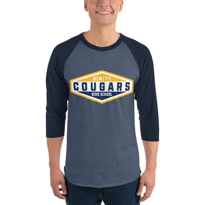 Man wearing Nimitz High School Cougars Unisex 3/4 Sleeve Raglan T-shirt 009