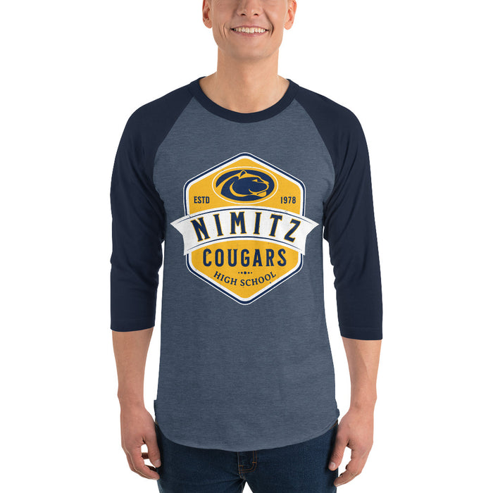 Man wearing Nimitz High School Cougars Unisex 3/4 Sleeve Raglan T-shirt 209