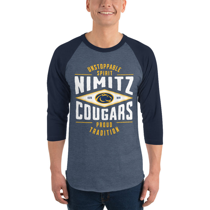 Man wearing Nimitz High School Cougars Unisex 3/4 Sleeve Raglan T-shirt 210