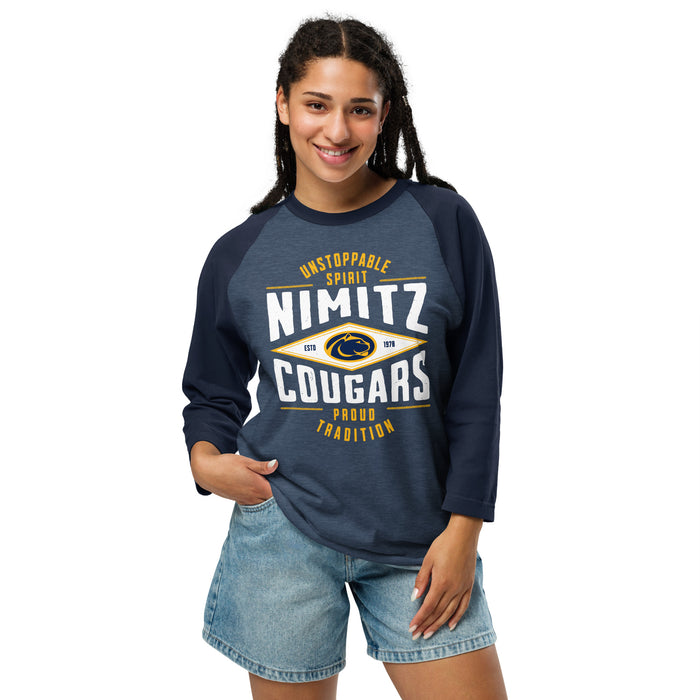Woman wearing Nimitz High School Cougars Unisex 3/4 Sleeve Raglan T-shirt 210