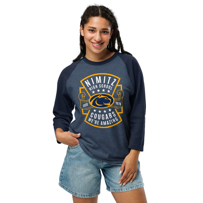 Woman wearing Nimitz High School Cougars Unisex 3/4 Sleeve Raglan T-shirt 207