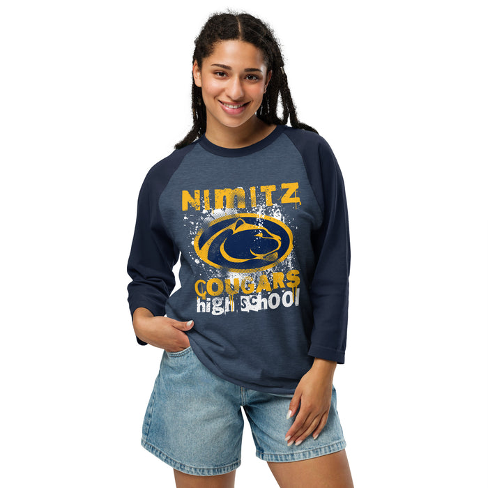 Woman wearing Nimitz High School Cougars Unisex 3/4 Sleeve Raglan T-shirt 205