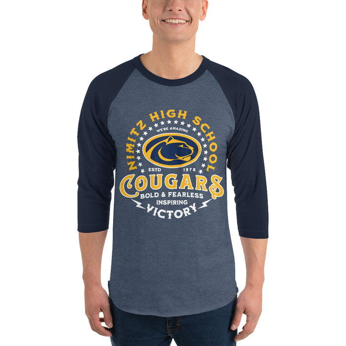 Man wearing Nimitz High School Cougars Unisex 3/4 Sleeve Raglan T-shirt 206