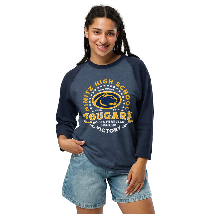 Woman wearing Nimitz High School Cougars Unisex 3/4 Sleeve Raglan T-shirt 206