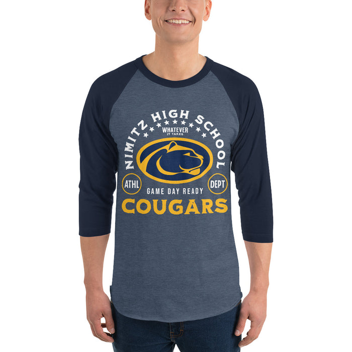 Man wearing Nimitz High School Cougars Unisex 3/4 Sleeve Raglan T-shirt 208