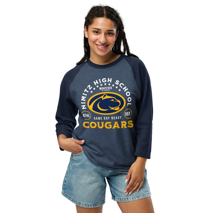 Woman wearing Nimitz High School Cougars Unisex 3/4 Sleeve Raglan T-shirt 208
