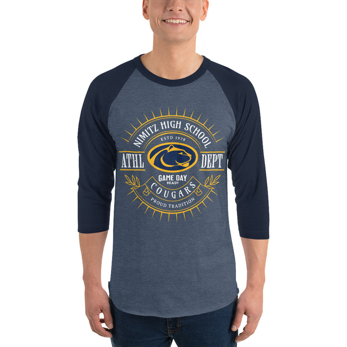 Man wearing Nimitz High School Cougars Unisex 3/4 Sleeve Raglan T-shirt 201
