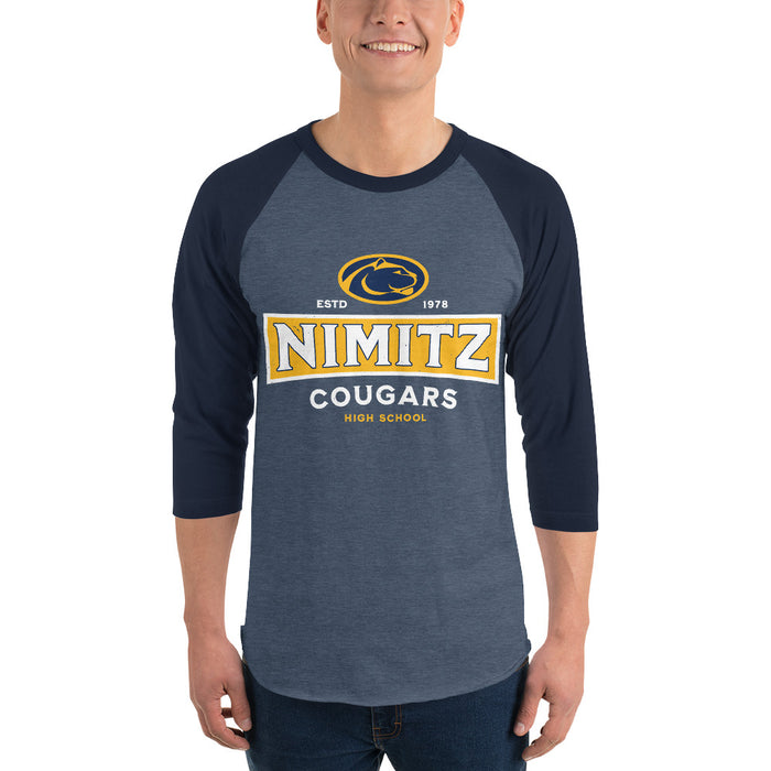 Man wearing Nimitz High School Cougars Unisex 3/4 Sleeve Raglan T-shirt 202