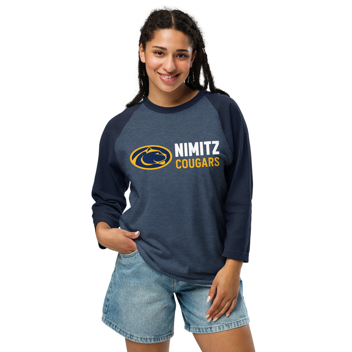Woman wearing Nimitz High School Cougars Unisex 3/4 Sleeve Raglan T-shirt 200