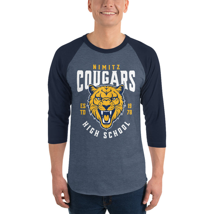 Man wearing Nimitz High School Cougars Unisex 3/4 Sleeve Raglan T-shirt 213