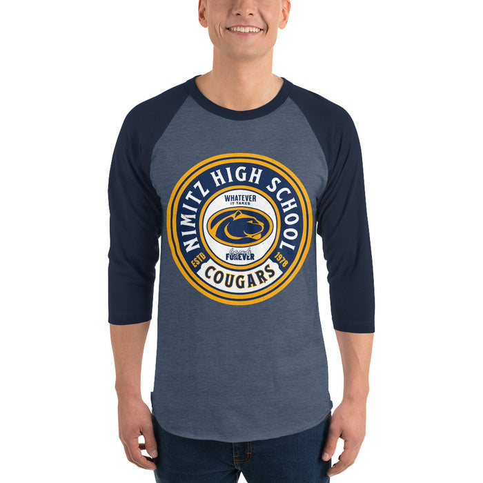 Man wearing Nimitz High School Cougars Unisex 3/4 Sleeve Raglan T-shirt 220