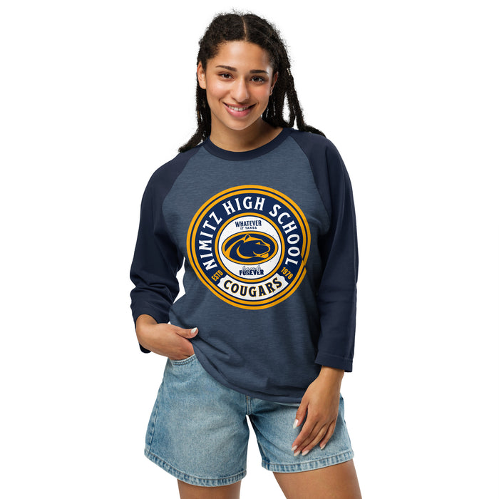 Woman wearing Nimitz High School Cougars Unisex 3/4 Sleeve Raglan T-shirt 220