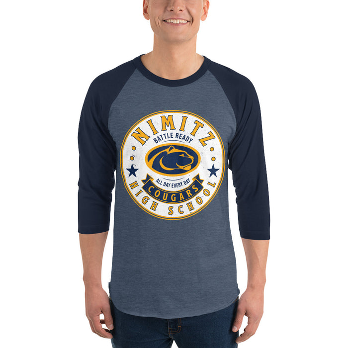 Man wearing Nimitz High School Cougars Unisex 3/4 Sleeve Raglan T-shirt 215