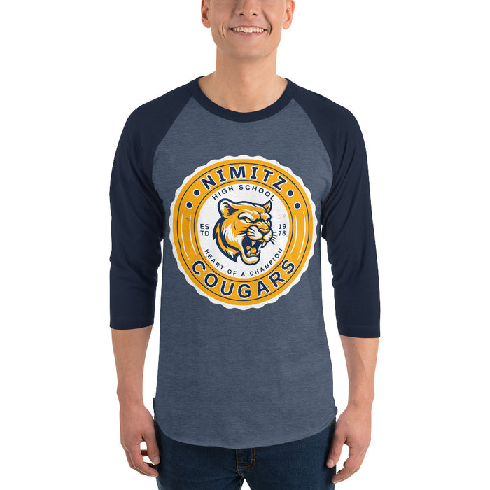 Man wearing Nimitz High School Cougars Unisex 3/4 Sleeve Raglan T-shirt 216