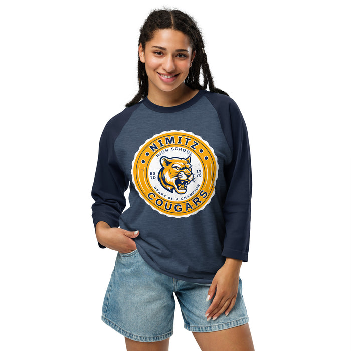 Woman wearing Nimitz High School Cougars Unisex 3/4 Sleeve Raglan T-shirt 216