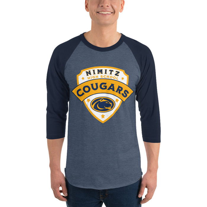 Man wearing Nimitz High School Cougars Unisex 3/4 Sleeve Raglan T-shirt 221