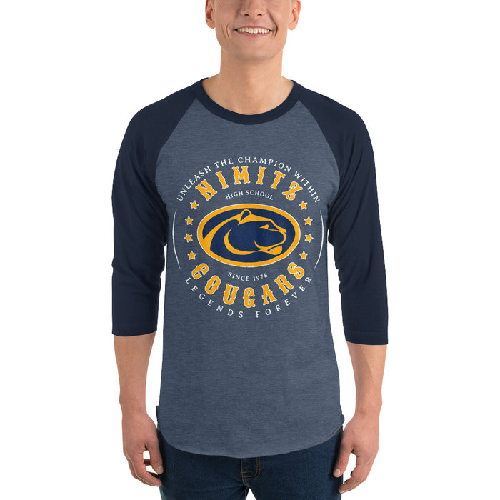 Man wearing Nimitz High School Cougars Unisex 3/4 Sleeve Raglan T-shirt 214