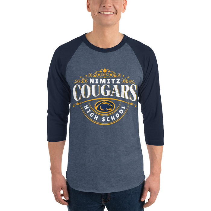 Man wearing Nimitz High School Cougars Unisex 3/4 Sleeve Raglan T-shirt 211