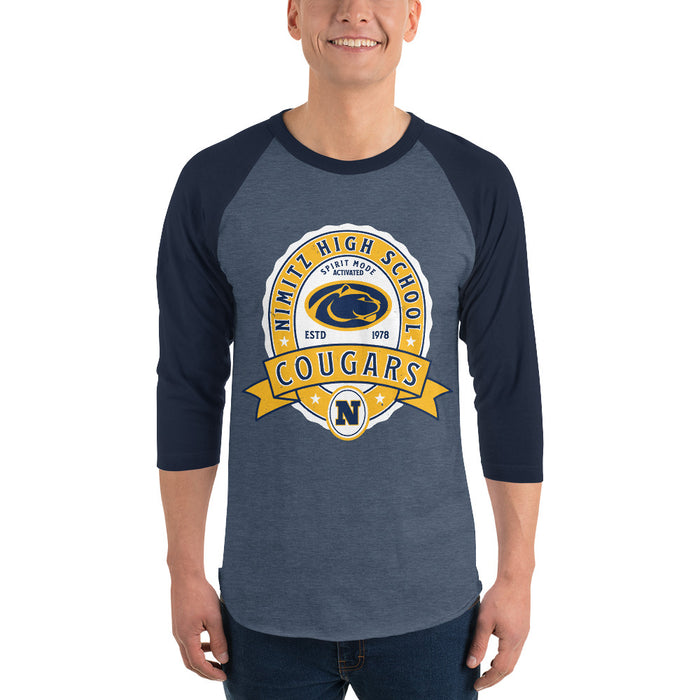 Man wearing Nimitz High School Cougars Unisex 3/4 Sleeve Raglan T-shirt 212