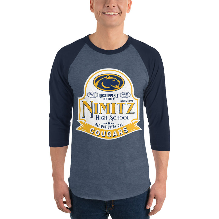 Man wearing Nimitz High School Cougars Unisex 3/4 Sleeve Raglan T-shirt 219
