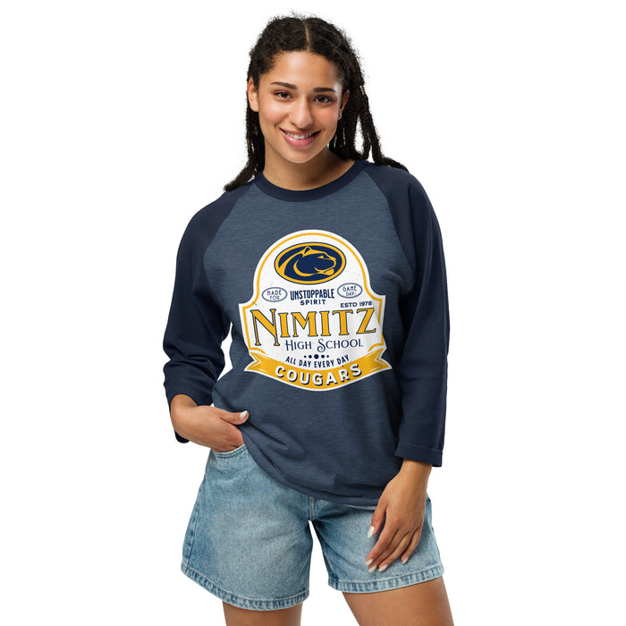 Woman wearing Nimitz High School Cougars Unisex 3/4 Sleeve Raglan T-shirt 219