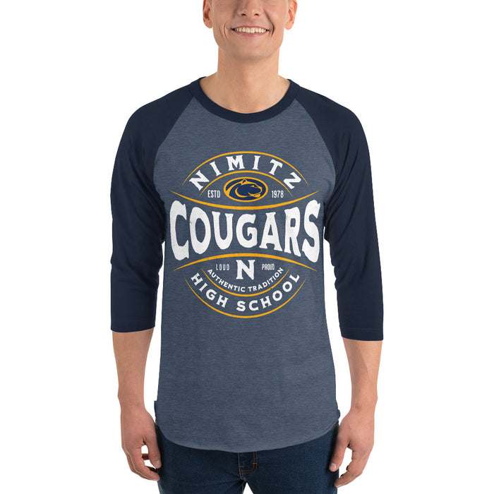 Man wearing Nimitz High School Cougars Unisex 3/4 Sleeve Raglan T-shirt 218