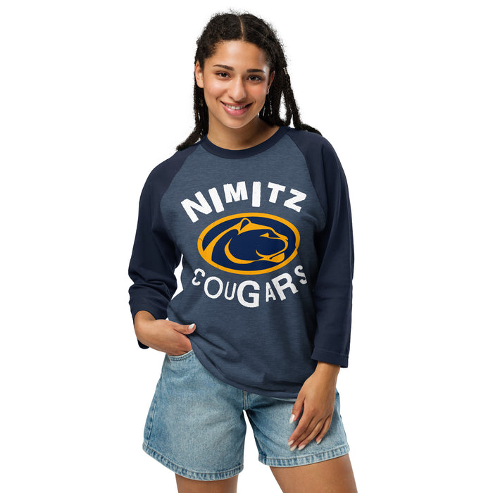 Woman wearing Nimitz High School Cougars Unisex 3/4 Sleeve Raglan T-shirt 228