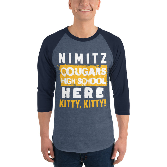 Man wearing Nimitz High School Cougars Unisex 3/4 Sleeve Raglan T-shirt 231
