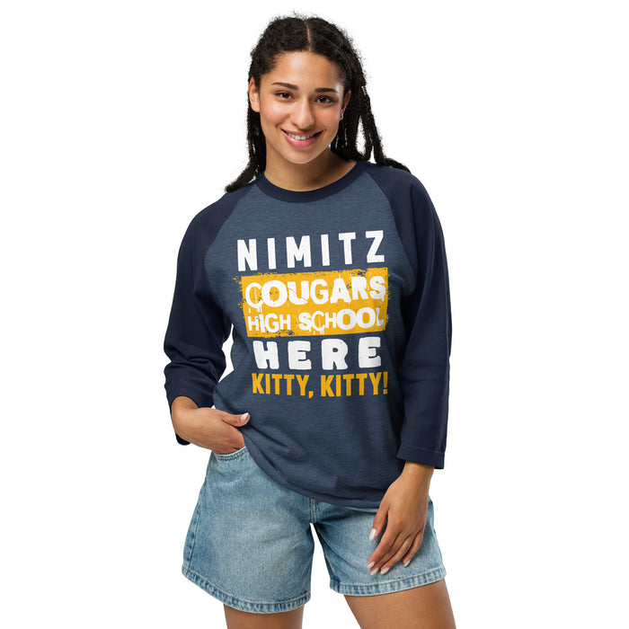 Woman wearing Nimitz High School Cougars Unisex 3/4 Sleeve Raglan T-shirt 231