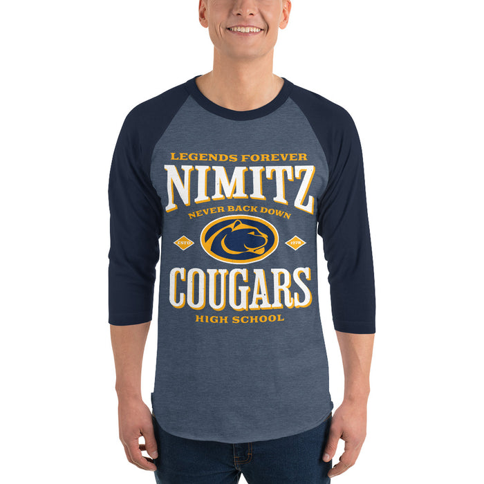 Man wearing Nimitz High School Cougars Unisex 3/4 Sleeve Raglan T-shirt 230