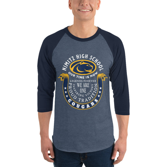 Man wearing Nimitz High School Cougars Unisex 3/4 Sleeve Raglan T-shirt 229