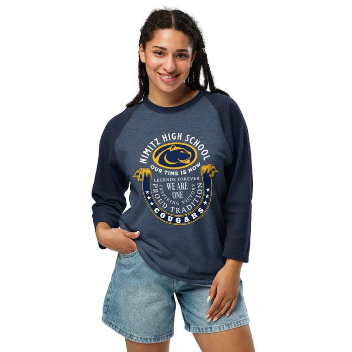 Woman wearing Nimitz High School Cougars Unisex 3/4 Sleeve Raglan T-shirt 229