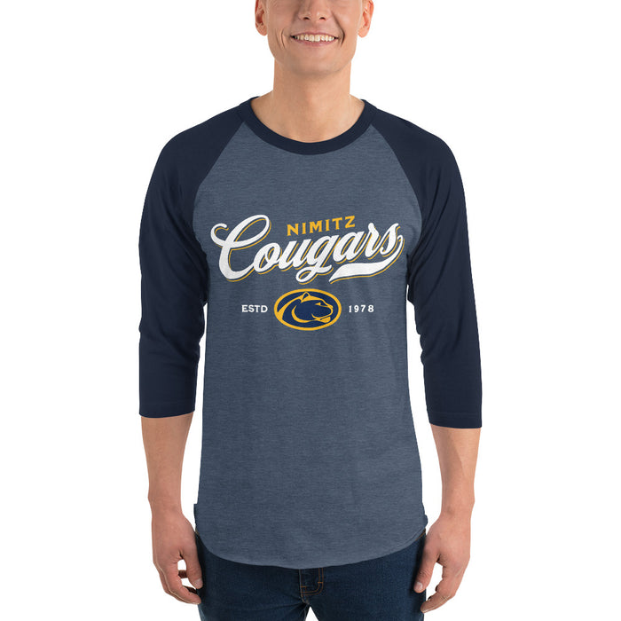 Man wearing Nimitz High School Cougars Unisex 3/4 Sleeve Raglan T-shirt 226