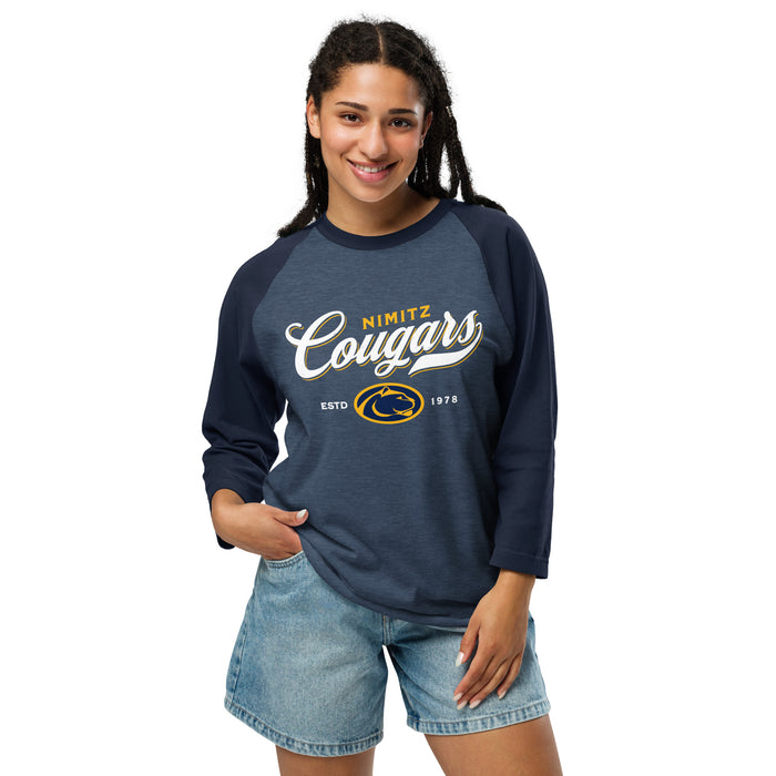 Woman wearing Nimitz High School Cougars Unisex 3/4 Sleeve Raglan T-shirt 226