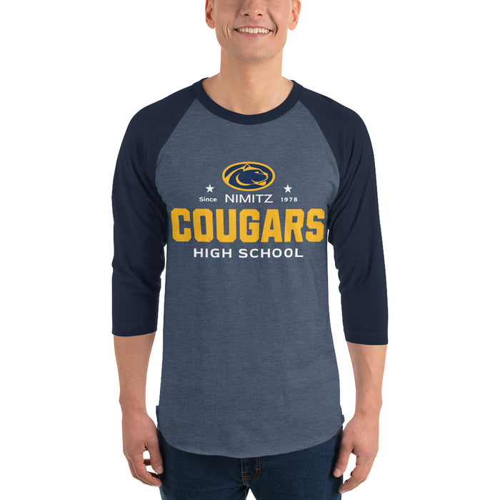 Man wearing Nimitz High School Cougars Unisex 3/4 Sleeve Raglan T-shirt 222