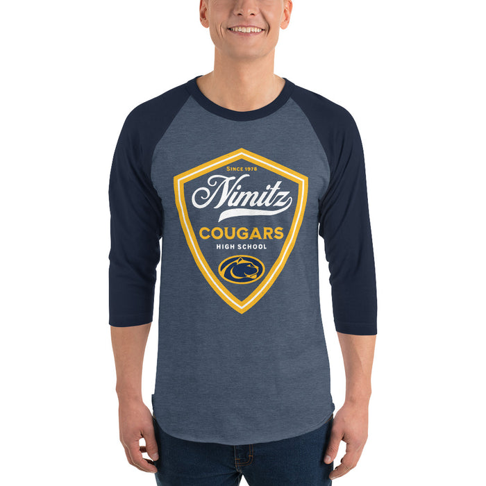 Man wearing Nimitz High School Cougars Unisex 3/4 Sleeve Raglan T-shirt 225