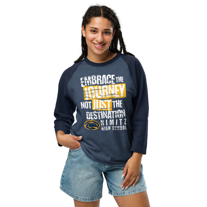 Woman wearing Nimitz High School Cougars Unisex 3/4 Sleeve Raglan T-shirt 232