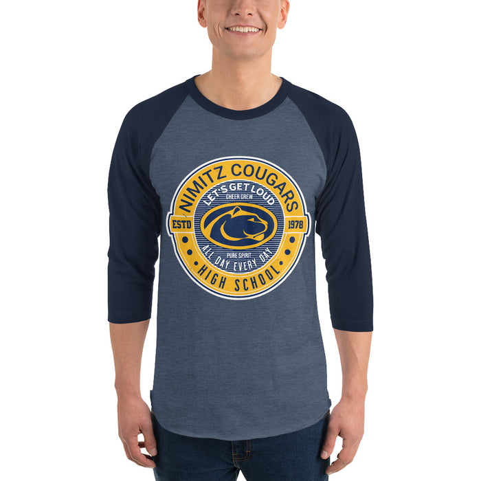 Man wearing Nimitz High School Cougars Unisex 3/4 Sleeve Raglan T-shirt 224