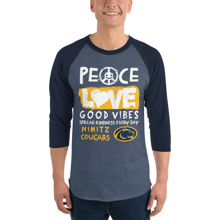 Man wearing Nimitz High School Cougars Unisex 3/4 Sleeve Raglan T-shirt 240