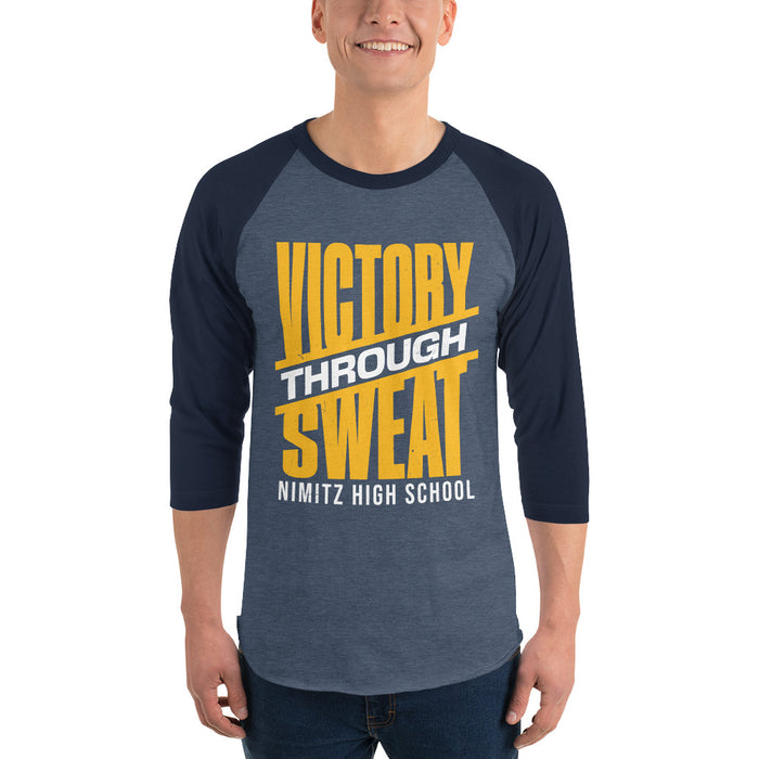 Man wearing Nimitz High School Cougars Unisex 3/4 Sleeve Raglan T-shirt 241