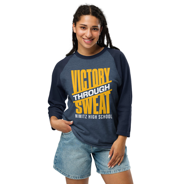 Woman wearing Nimitz High School Cougars Unisex 3/4 Sleeve Raglan T-shirt 241