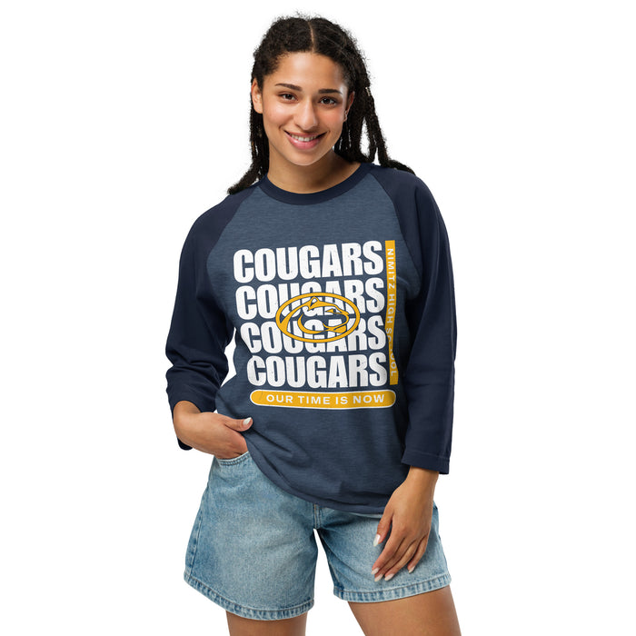Woman wearing Nimitz High School Cougars Unisex 3/4 Sleeve Raglan T-shirt 235