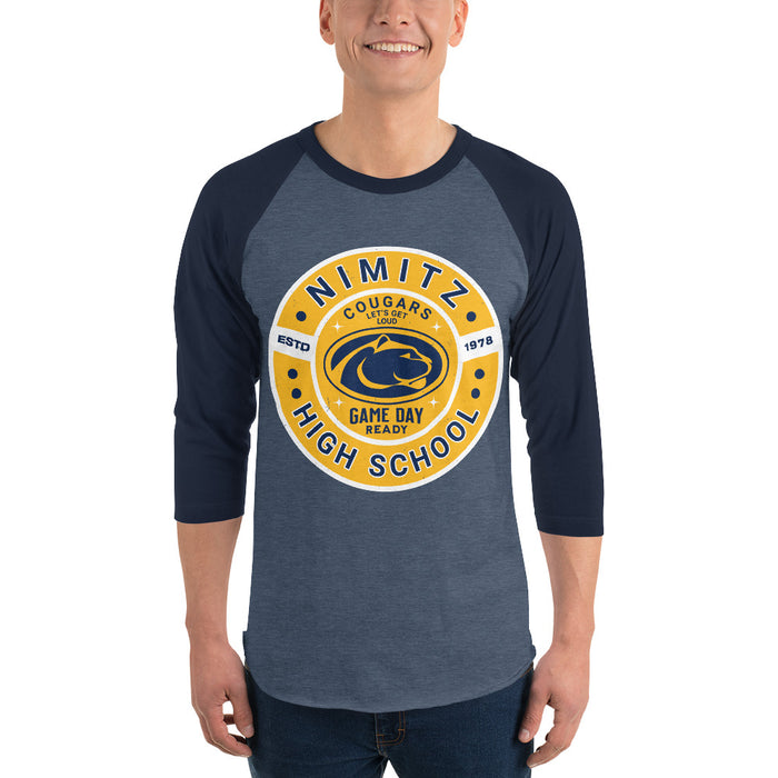 Man wearing Nimitz High School Cougars Unisex 3/4 Sleeve Raglan T-shirt 239