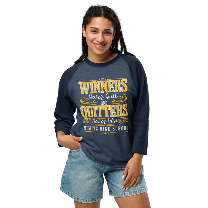 Woman wearing Nimitz High School Cougars Unisex 3/4 Sleeve Raglan T-shirt 237
